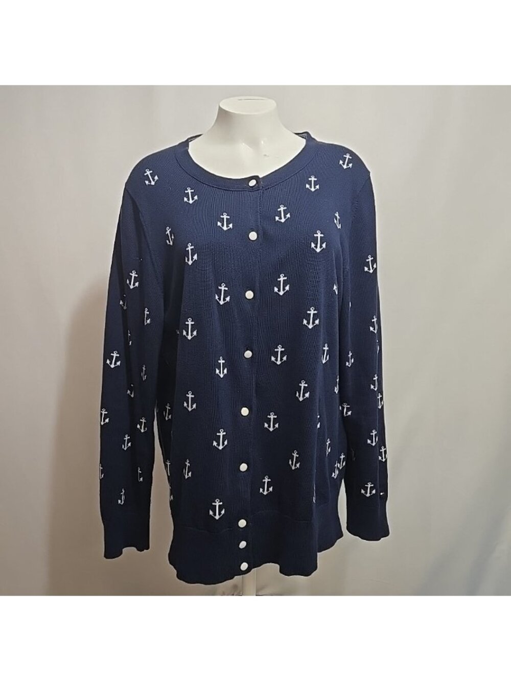 Tommy Hilfiger Anchor Cardigan Sweater Womens Size XL Blue Nautical Novelty Pima